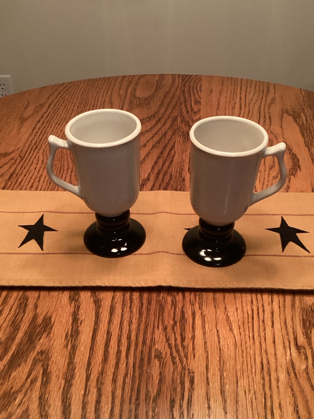 HallPottery 1272  footed Crème White Mugs with Black Pedestal Bases - Set of 2